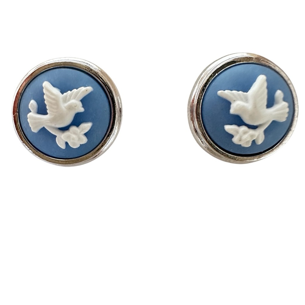 Vintage Avon Cameo Pierced Earrings White Dove and Olive Branch Silhouette